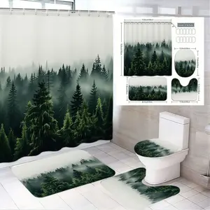 1/4pcs Misty Forest Bathroom Set 4-Piece Shower Curtain Sets, Rectangular & Elongated Bath Mats, Toilet Cover, Rug - White Green Nature-Inspired Calm Ambiance, Perfect for Spring Easter, Housewarming Decor Gift, Bathroom Decoration Accessories