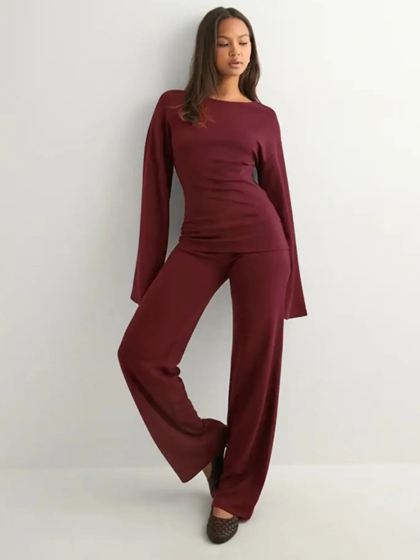Women's Fashion Solid Color Casual Round Neck Flare Long Sleeve Top & Straight Leg Pants Set, Comfortable Muslim Spring Autumn