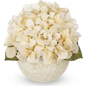 Hollyone White Hydrangea Artificial Flowers with Glass Vase Silk Fake Hydrangeas Faux Flowers Arrangements Floral Bulk Bouquet for Wedding Party Boho Home Decor Table Centerpiece Decorations