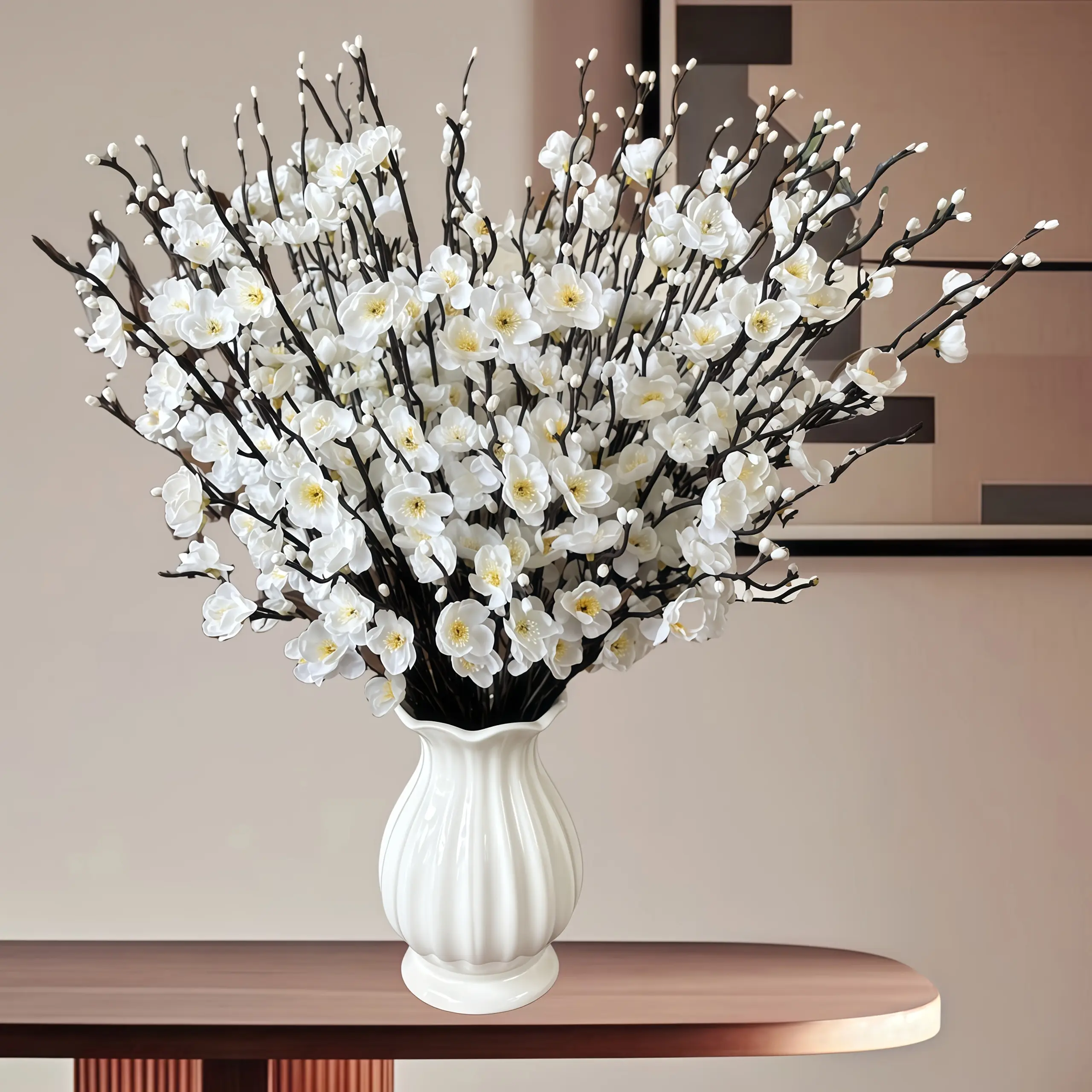 10-Pack Artificial White Plum Blossom Branches - Artificial Plants, Fake Indoor Plants, White Elegance Ornaments for Vase, Indoor-Outdoor Home, Halloween-Christmas Holiday Silk Rustic Fall Flower Arrangements