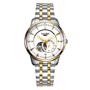 Two-Tone Silver Gold Men’s Automatic Mechanical Watch, Sunburst White Dial with Partial Open Heart Skeleton Window, Small Second Subdial, Crystal Luminous Index Markers