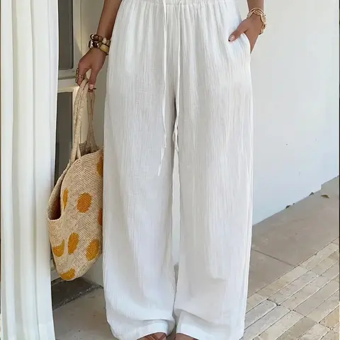 Trendy Baggy Wide-Leg Pants with Drawstring Waist Design, Breathable Lightweight Loose-Fit Summer Bottoms, Everyday Beach & Casual Wear, Comfortable Cotton-Linen Fabric