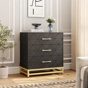 Black 3 Drawer Dresser, Wood Chest Drawers with Storage for Closet, Bedroom, Drawers Dresser Modern Bedside Nightstand with Gold Handles Sideboard Cabinet