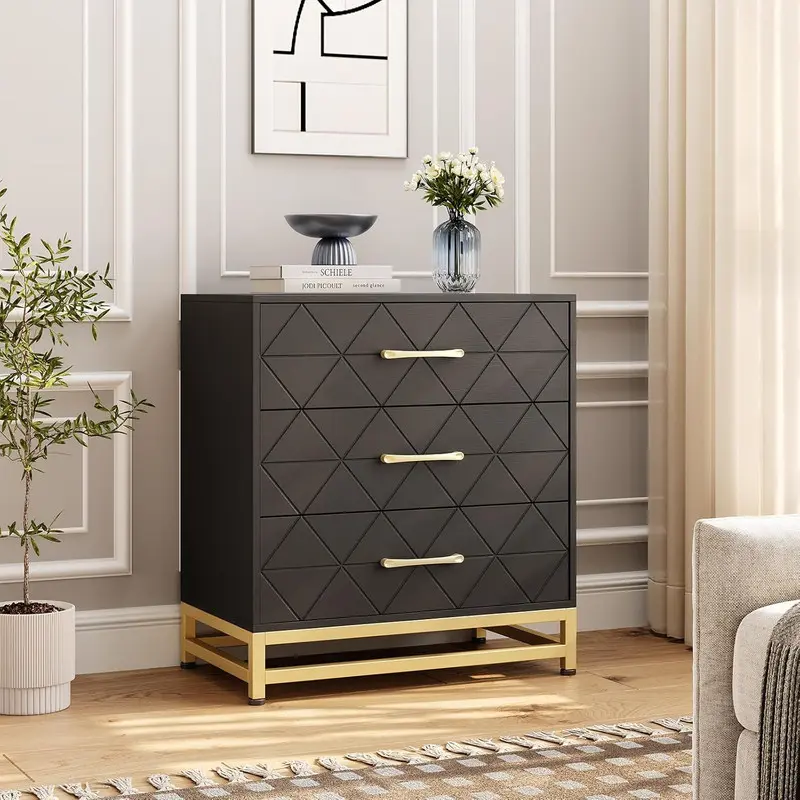 Black 3-Drawer MDF Wood Dresser - Modern Storage Cabinet with Metal Legs, Smooth Slides, Gold Handles, Clothes Storage Cabinet for Bedroom Closet, Bedroom Drawers, Indoor Furniture Sideboard, Modern Storage Cabinets