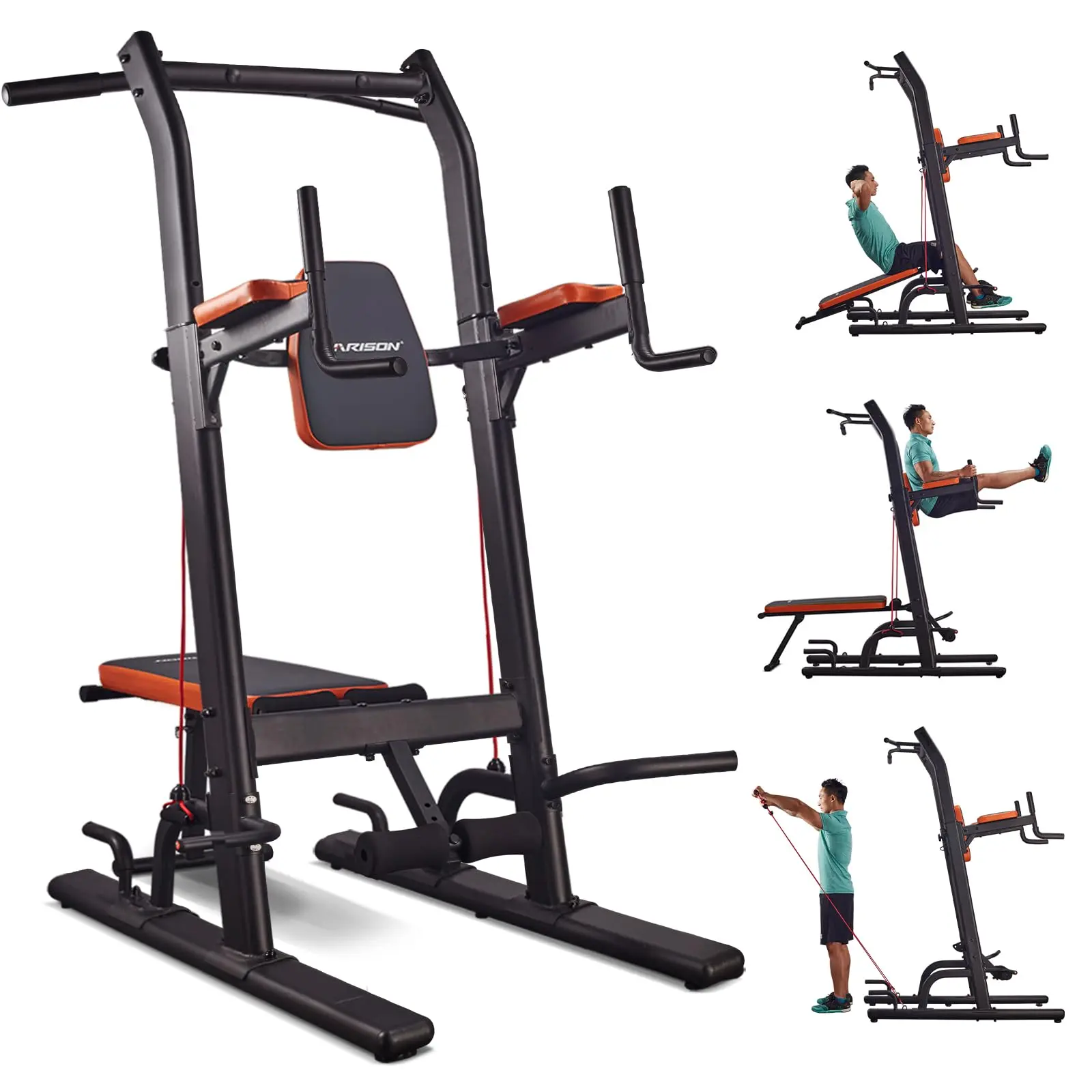 HARISON Foldable Multifunction Power Tower (TKHR-408) - Sturdy Steel Heavy Duty Construction Compact Home Gym Exercise Machine Kit with Bench, Pull-Up Bar, Dip Station, Secure Base, High Capacity for Unisex Adjustable Workouts, 12 Months Risk-Free Trial