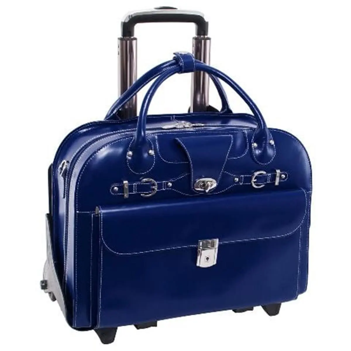 212 MAIN Navy Roseville Top Grain Leather Checkpoint Safe Fly-Friendly Men's Briefcase - 15.6 in. Laptop Compatibility, 17x6x13 in. Dimensions, Detachable Wheels, Shoulder Strap, Key Lock