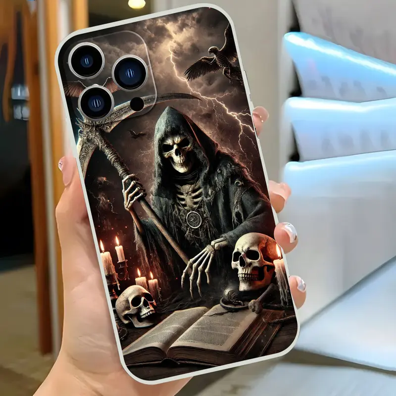 Phone case for iPhone 17 16 Pro Max 15 Plus 14 13 12 11 Air XR XS Stylish Reaper Skull Pattern Shockproof Silicone TPU Bumper Drop Protection Cellphone Cover Gift For Girls and Women
