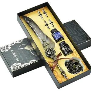 Quill Pen and Ink Set Calligraphy Pens for Beginners Feather Pens Fountain Dip Pen Set (Grey)