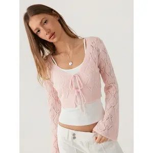 Cider  Knit Textured Bell Sleeve Cardigan With Tie Front Bow