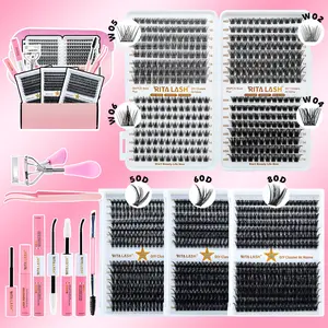 RITALASH Volume Individual Lash 384pcs 280pcs D Curl Individual False Cluster Kit DIY Extensions Individual Lashes Mixed Lengths Lash Clusters DIY at Home with Bond and Seal Applicator Individual False Cluster Remover Brush and Curler, Eyelash Extension