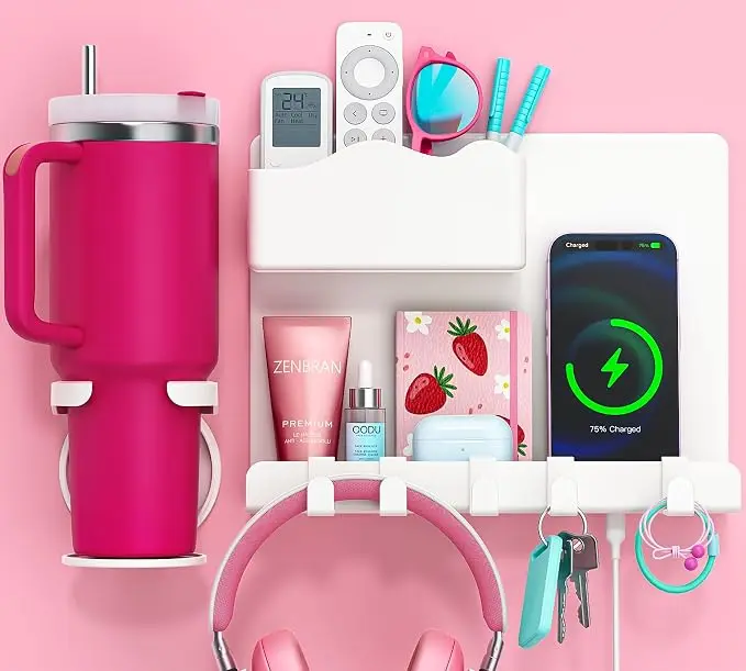 Bedside Wall Shelf for Teen Girls and boys  Dorm Room Essentials Bunk Bed Stuff | No Drill Floating Shelves with Cup Holder, Aesthetic Cute Girls Room Decor Aesthetic Stick Bedroom Accessories Organizer