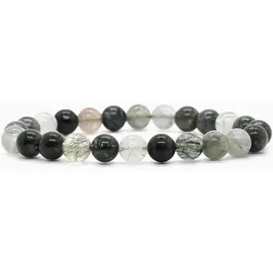 Natural Green Rutilated Quartz Gemstone 8mm Round Beads Stretch Bracelet 7" Unisex