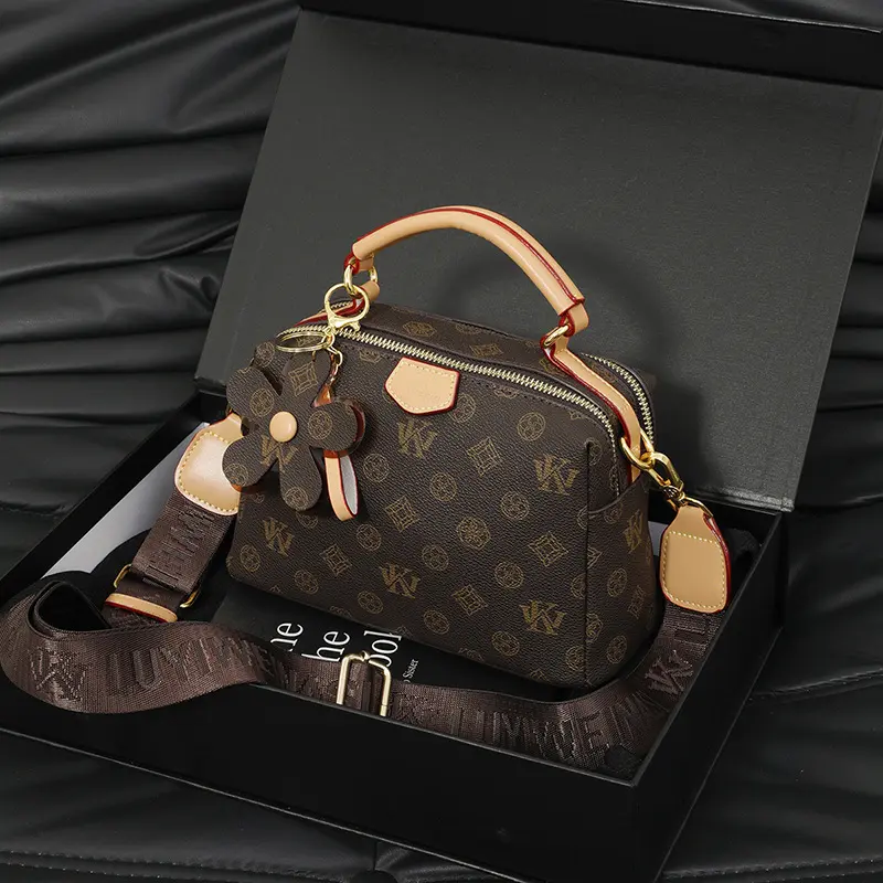 Vintage Monogram Print Mini Boston Handbag Women Elegant Crossbody Shoulder Bag Retro Stylish Commute Daily Purse