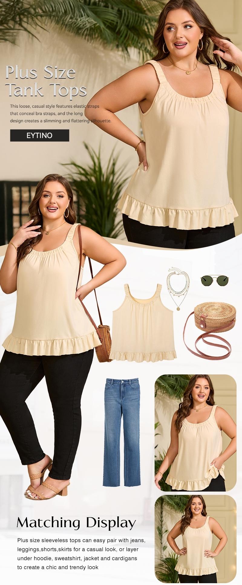 Eytino Women's Plus Size Tank Tops Summer Casual Scoop Neck Pleated Front Loose Flowy Sleeveless Cami Shirts(1X-5X)