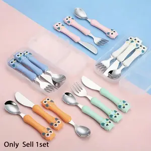 Cute Animal Design Baby Feeding Set, 3pcs/set Including Spoon & Fork & Knife, Baby Utensils Set, Household Tableware Set