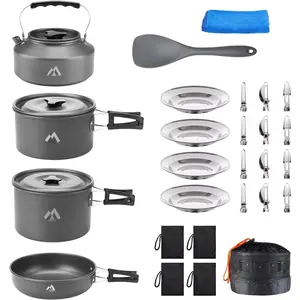 27 count Camping Cookware Mess Kit for 2-4 People, Portable Cookware Set with Kettle, Pots & Pans, Stainless Steel Utensils, Plates, Dishware for Backpacking, Picnic, Outdoor Adventures
