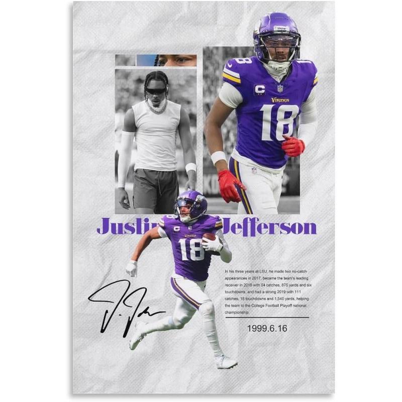 Justin Jefferson Poster American Football Sports Canvas Wall Art Teen Birthday Gifts Decor Canvas Painting Wall Art Poster for Bedroom Living Room Decor