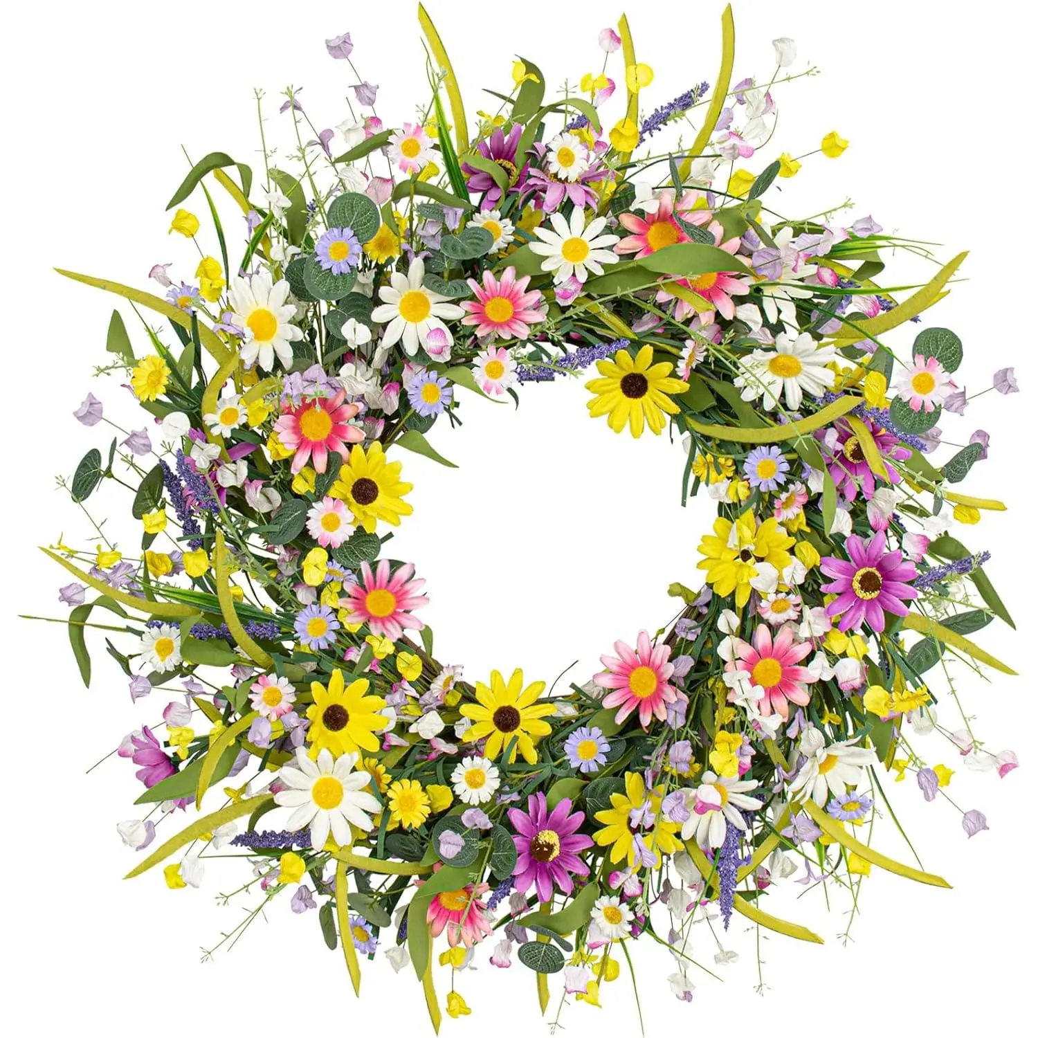 22 Inches Summer Wreaths for Front Door Spring Flower Wreaths Summer Door Wreath Colorful Wildflower Wreath with Daisy Lavender for Window Indoors Outdoor Decor