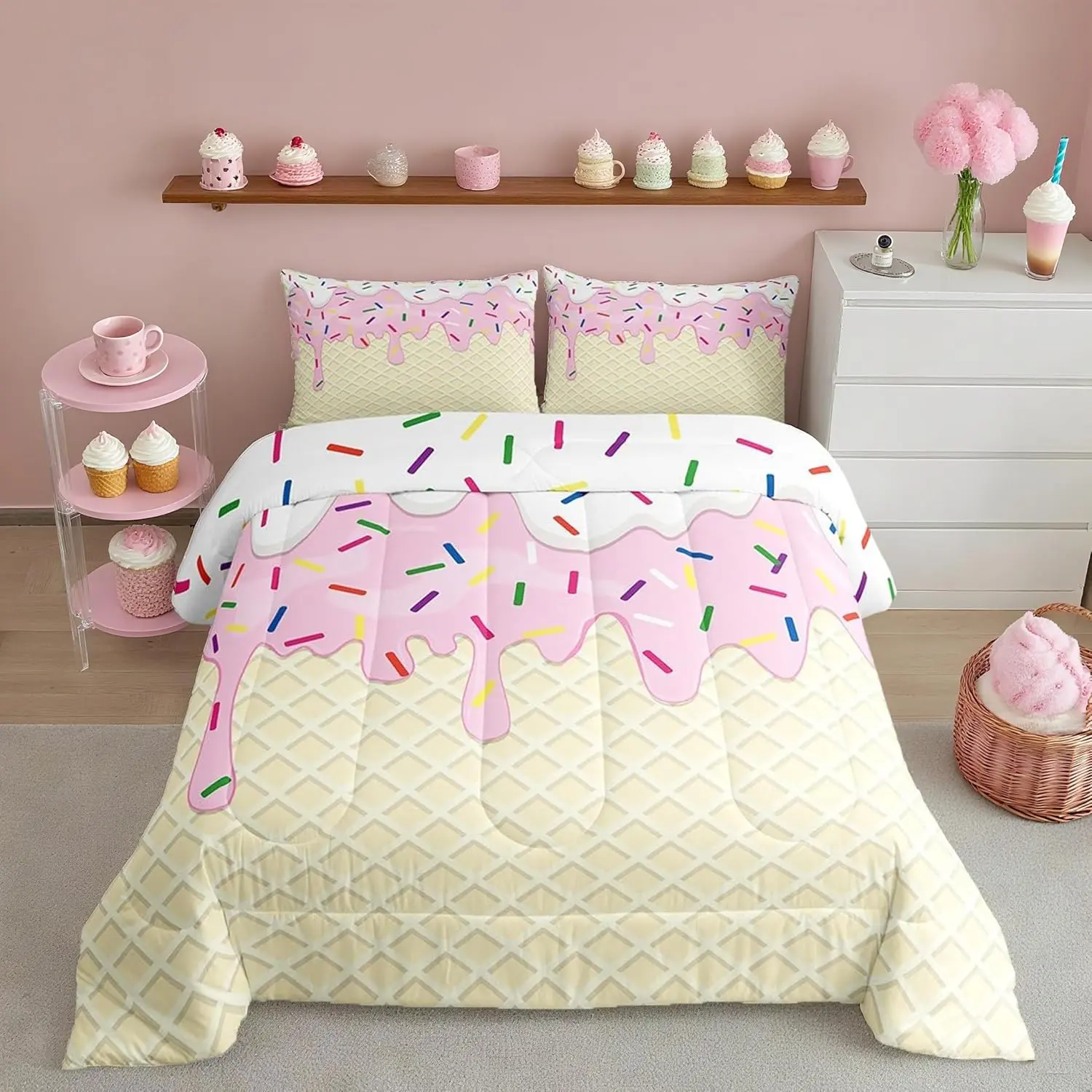 Girls Ice Cream Comforter Set Pink White Cream Cake Decor All Season Bedding Set Colorful Candy Comforter,Desserts Decor Quilt Set Bedroom Collection
