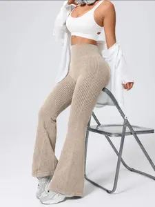 Women's Autumn Seamless Knit Ribbed Textured Sports Yoga Flare Pants, High-Waisted Butt-Lifting Abdominal Control & Hip Enhancement Training Pants, All-Season Activewear for Daily Leisure, Fashionable Yoga Base Layer Flare Pants, Flared Yoga Bottoms