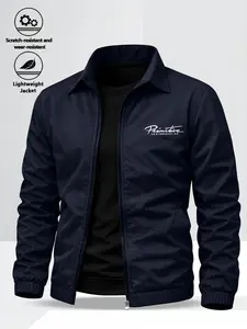 Men's Letter Print Collared Jacket, Soft Drape Fabric, 3D Cut and Zipper Pockets, Casual Fitted Style, All Season Wear, Casual Fitted Jackets