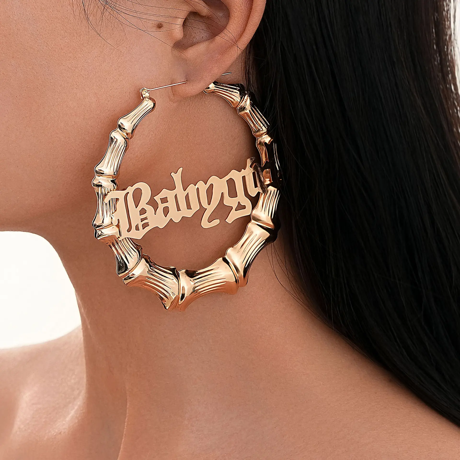 Earrings: Unique and Exaggerated Letter Bamboo Earrings, Gold Round Large Hoop Earrings