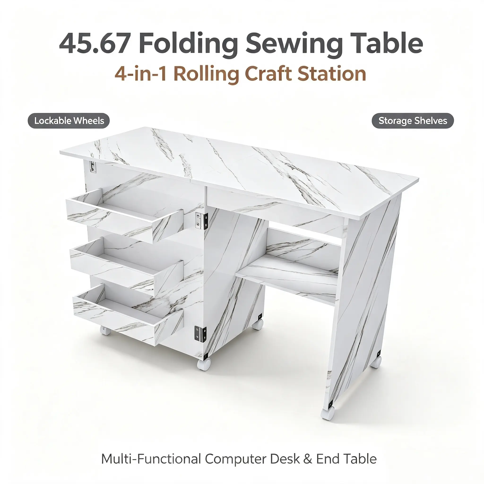 45.67" Black/White/Brown 4-in-1 Rolling Folding Sewing Table with Lockable Wheels, Multi-Function Craft Station, Computer Desk & Storage Table with Shelves campingessentials