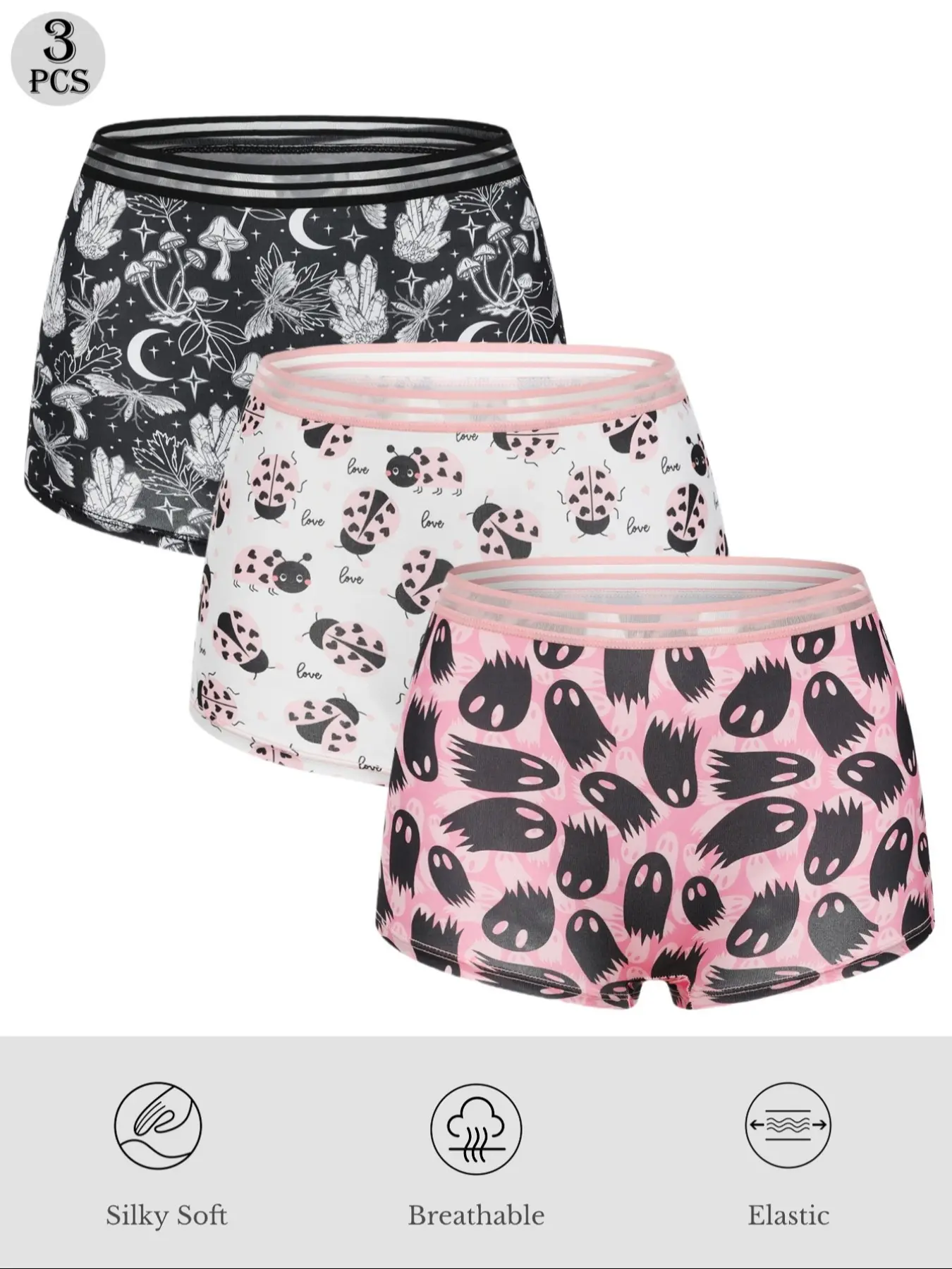 Morvia 3pcs Women Gothic Halloween Skulls Print Contrast Binding Boyshorts, Casual Soft Panties, printed panties, Comfy & Sofy & Elastice Waist Intimates Panties, Women's Lingeries & Underwear