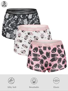 Morvia 3pcs Women Gothic Halloween Skulls Print Contrast Binding Boyshorts, Casual Soft Panties, Comfy & Sofy & Elastice Waist Intimates Panties, Women's Lingeries & Underwear