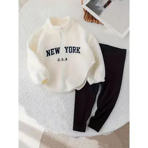 2-Piece Set, Cute Baby Girl Autumn Winter Letter Print Stand Collar Fluffy Fleece Top and Elastic Waist Base Layer Pants Set