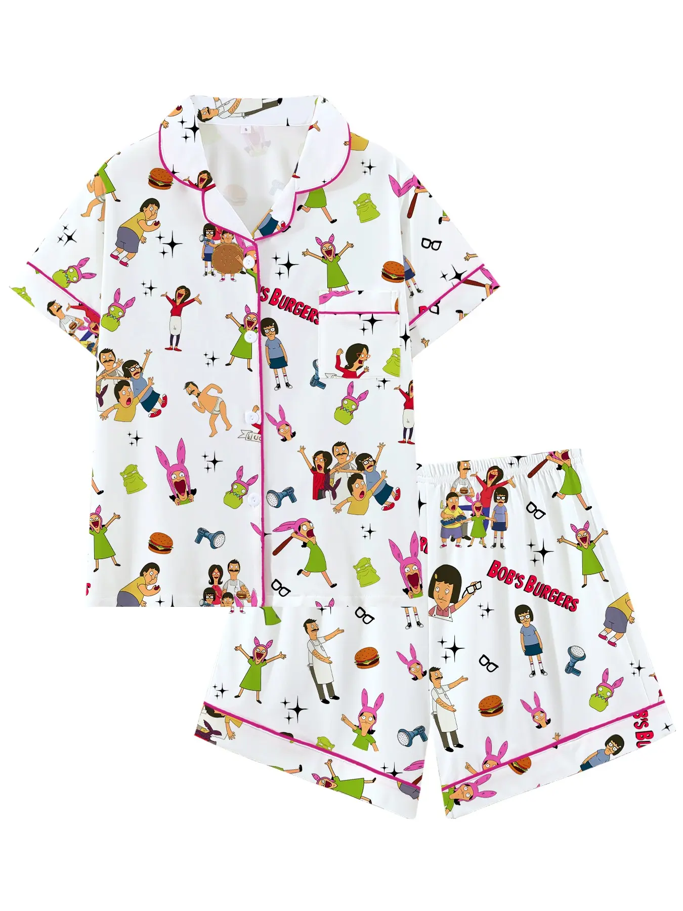Bobs Burgers Burger Collar Short Sleeve Shorts Pajama Set, Pajama Lounge Sets, Pajamas Sets, Loose Loungewear Womenswear Sleepwear