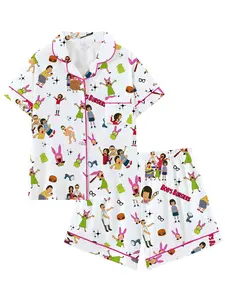 Bobs Burgers Family Cartoon Cute Burger Collar Short Sleeve Pajama Set Loungewear Pyjamas Womenswear Pjs, Comfortable Sleepwear for All Seasons, Loose-Fitting Nightwear Ideal Gift Choice, Shorts Pyjama Set