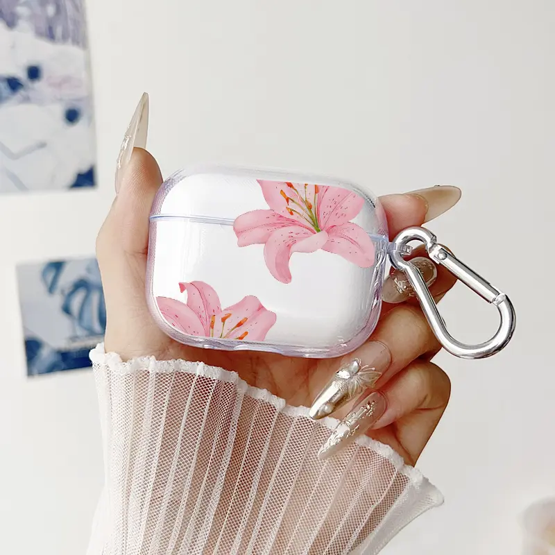 Minimalist Retro Lily Pattern Protective Case for AirPods 4/3/2/1/Pro/Pro2/Pro3 Soft TPU Earphone Cover, Transparent with Keychain