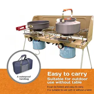 2-burner camping stove, barbecue grill, portable propane gas stove, equipped with regulator and foldable stand, suitable for outdoor cooking and travel.