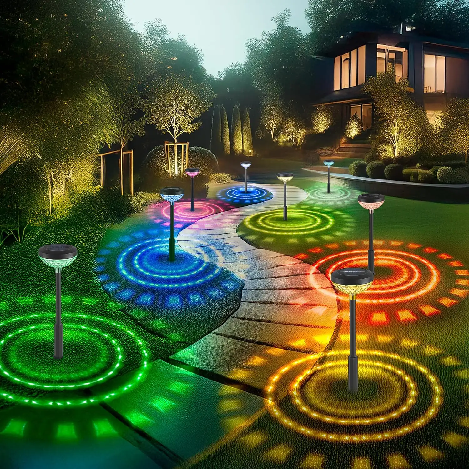Solar Lights Outdoor Weatherproof, RGB + Warm White LED, Solar Powered Pathway Lights for Yard, Walkway, Garden, Halloween & Christmas Decor