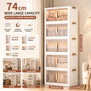 Naviconvex 29.2in 5-Layer Extra-Large Folding Storage Cabinet with Magnetic Doors, Wheels, Stackable Lidded Bins - High-Capacity Set for Kitchen, Bedroom Organization