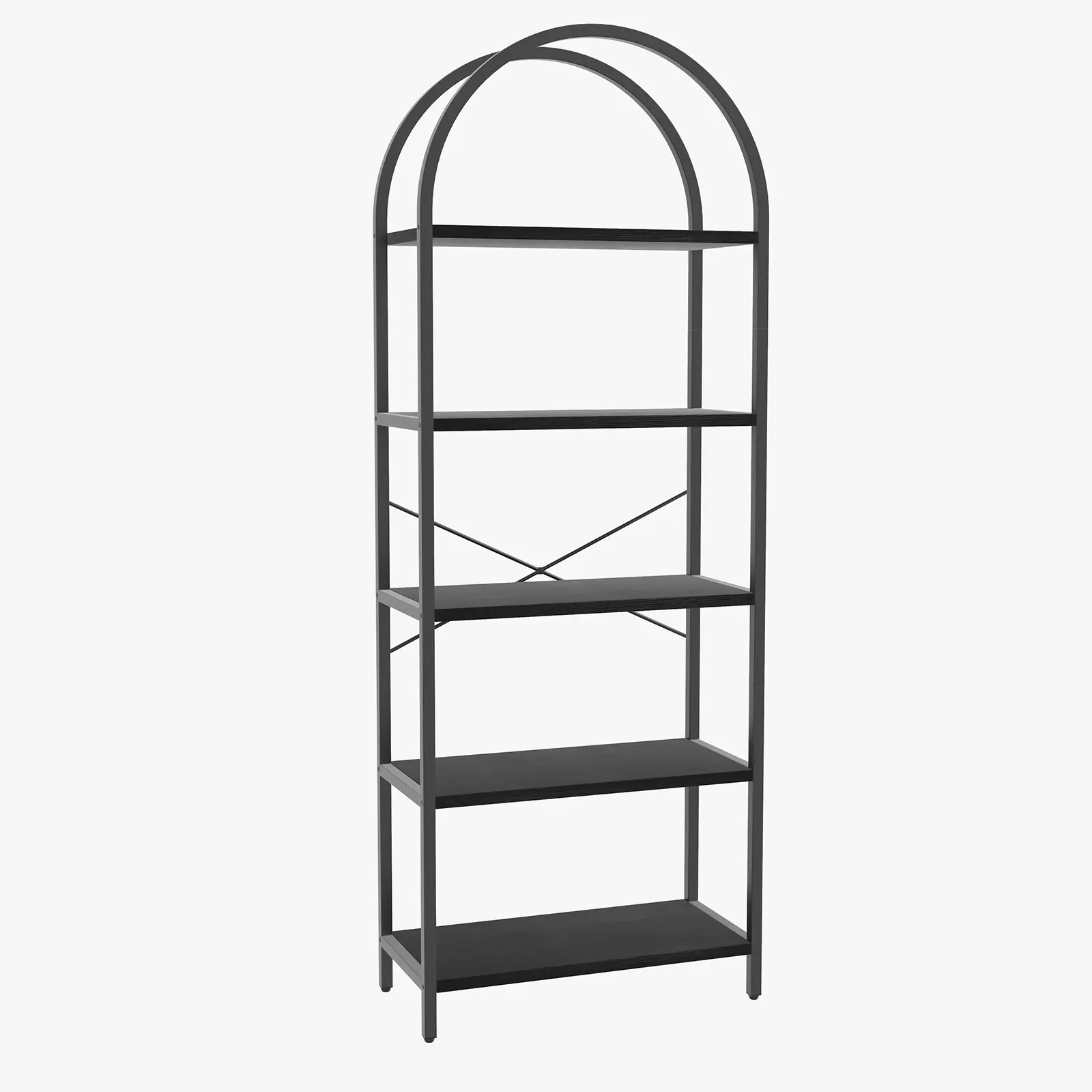 Modern 5-Tier Arched Bookshelf – Tall Metal Frame Bookcase – Open Display & Storage Rack – Spacious Wood Shelves for Bedroom, Living Room, Home Office – White/Gold and Black Options