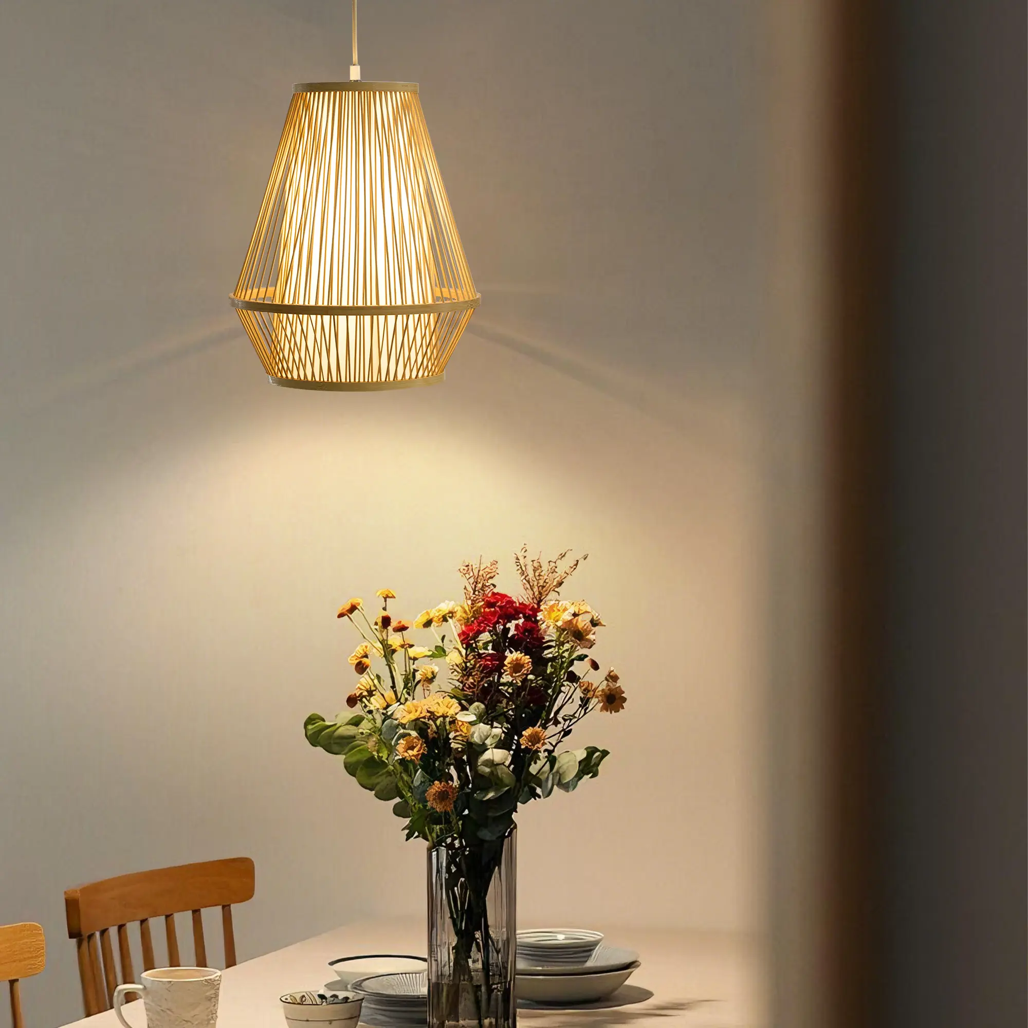 Booniture Wabi-Sabi Pendant Light - Stacked Frustum Frame, Bamboo Lampshade, Adjustable 6ft Cord, E26 Bulb, For Kitchen Islands, Dining Rooms, Entryways, And Bedrooms, Lights, WeeklyDeals Decorative Lighting Geometric Design backtoschoolshopping