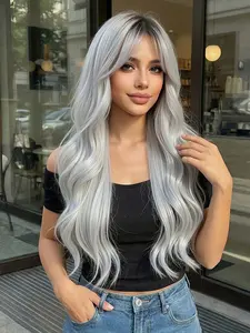 Black Root Ombre Silver Grey Long Wavy Wig | Rose Net Cap Breathable Heat Resistant Synthetic Hair Natural Looking 26inch