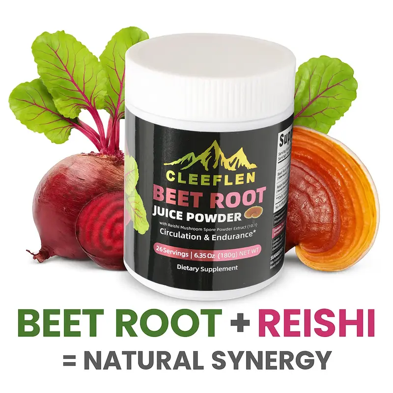 CLEEFLEN Organic Beetroot Powder with Mushroom Extract - Dietary Healthcare Supplement for Fitness, Supports Leg Veins, Heart & Cardiovascular Health, Nitric Oxide Production & Healthy Blood Pressure, Beetroot Powdered Supplement Drink Mix
