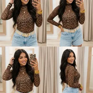 Brown Leopard Mock Neck Long Sleeve Mesh Top