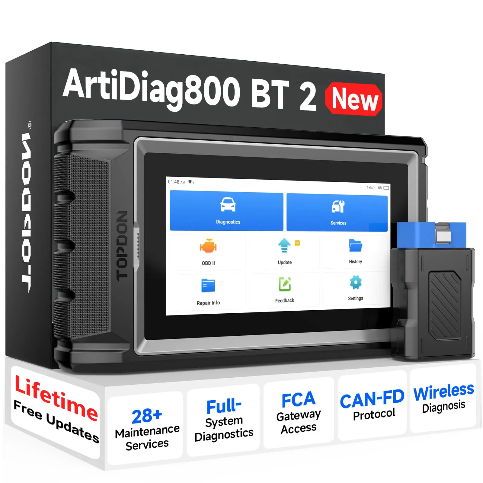 TOPDON AD800BT 2 OBD2 Scanner, 2026 V2.0 Scan Tool,Lifetime Free Update Function as AD900 Lite，AD Pro, All System Automotive Diagnostic Scanner, 28+ Reset Service, Crank Sensor Relearn, FCA Autoauth, CAN-FD