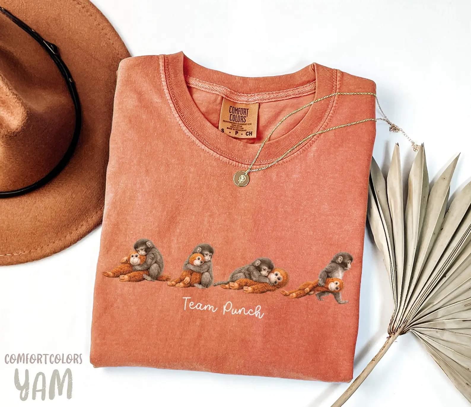Team Punch T-Shirt, Baby Monkey Punch with Plush Toy Shirt, Emotional Support Gift for Animal Lovers, Cute Mothers Day T-Shirt, Fashion Cotton, Full Colors, Full Sizes, For Men, For Women