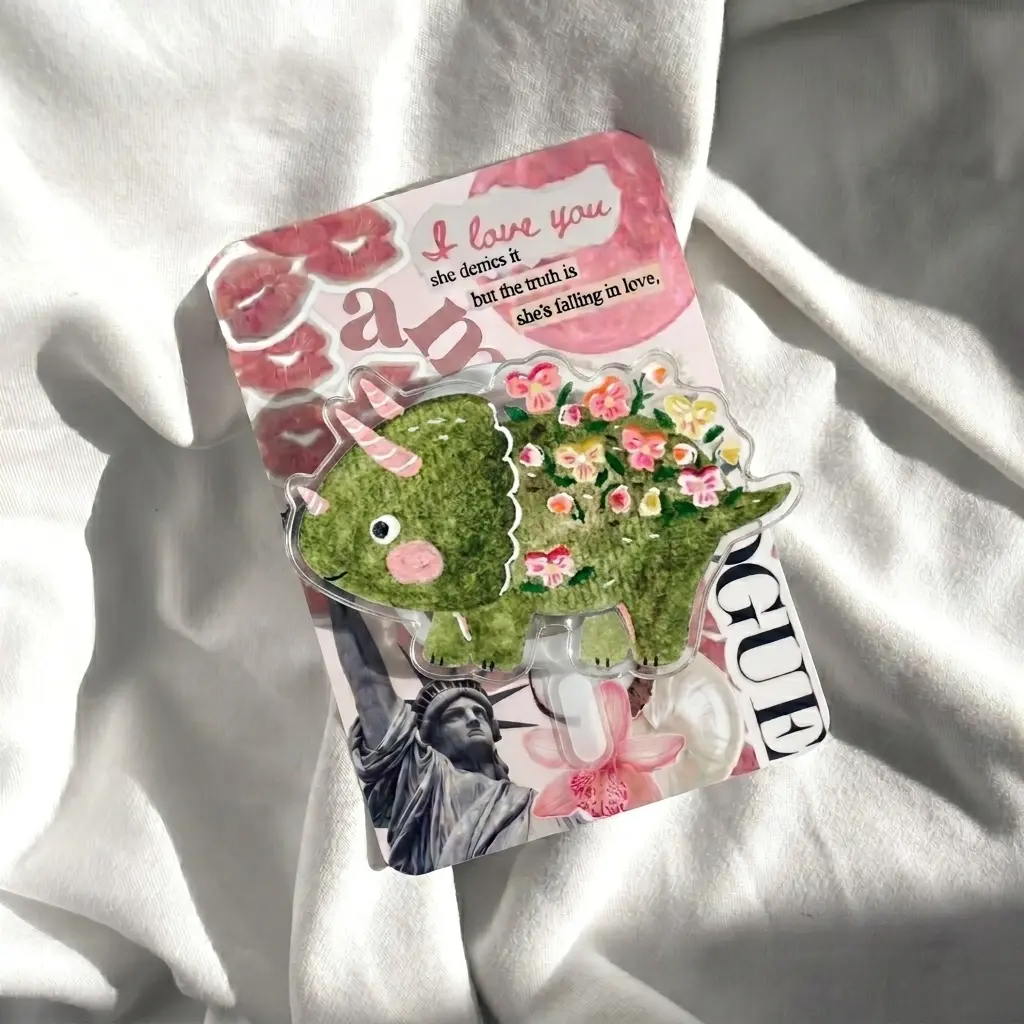 Cute Floral Dinosaur Phone Grip Magnetic, Cottagecore Triceratops Griptok Phone Stand, Aesthetic Coquette Kiss Collage Acrylic Phone Ring Holder, Whimsical Gift