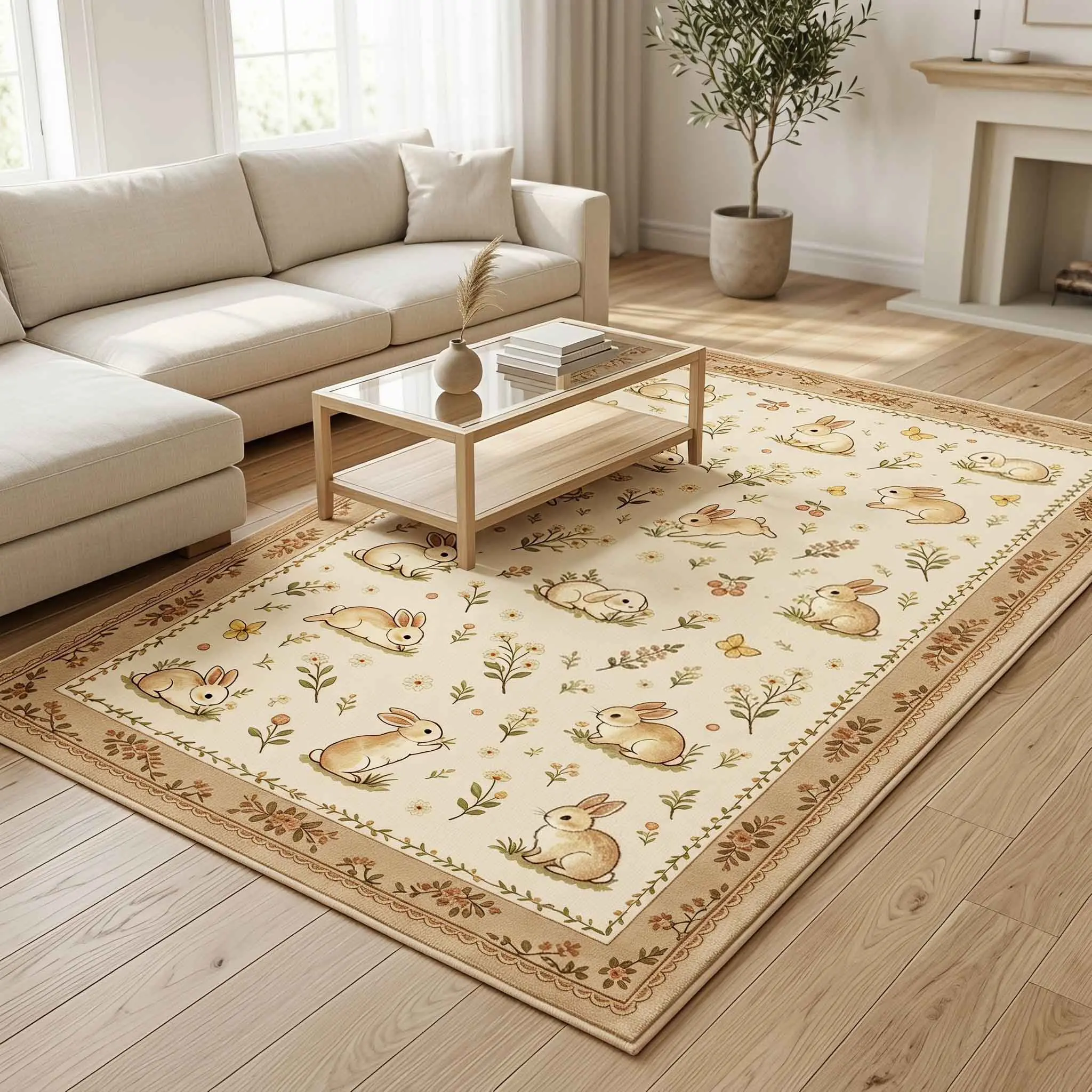 Bunny Room Decor Rug, Cute Rabbit Floral Area Rug, Cozy Vintage Soft Carpet, Washable Non Slip Floor Mat for Pet Room, Bedroom, Living Room & Entryway