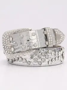 1pc Luxurious Western Cowboy PU Belt, Western Buckle Belt, Statement Belts, Rhinestone Design, Silver Color Stone Pattern, Unisex Fashion Accessory for All Seasons