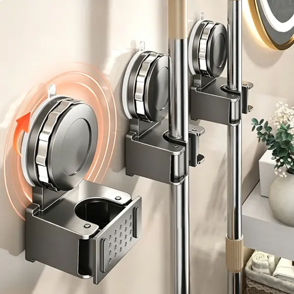 Gray Suction Cup Broom & Mop Holder Wall Mount,No Drill Damage-Free Reusable Heavy Duty Wall Hooks Organizer