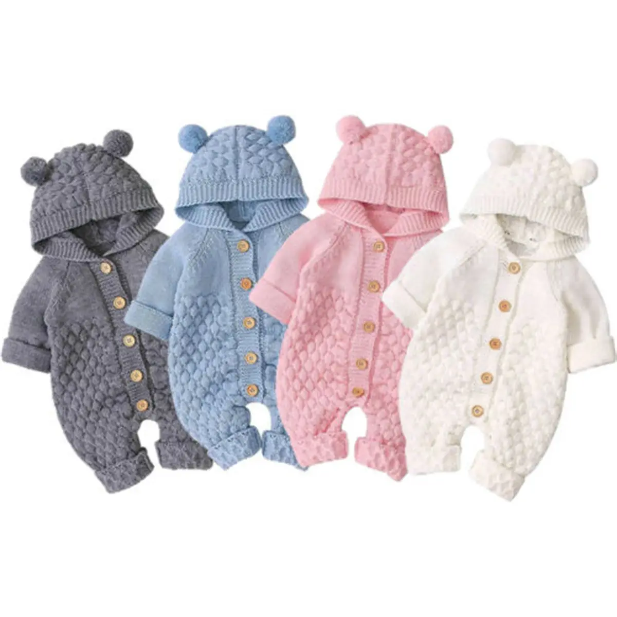 Newborn Baby Girls Boys Hooded Sweater Romper Knit Bear Ear Long Sleeve Solid Color Button Jumpsuits Winter Clothes