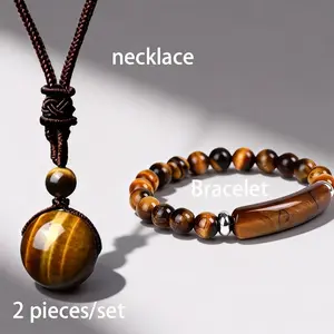 Elegant Natural Stone Jewelry Set 2pcs Round Tiger's Eye Necklace & Bracelet Adjustable Braided Rope Pendant Ideal Gift for Lovers Christmas Halloween Valentine's Day