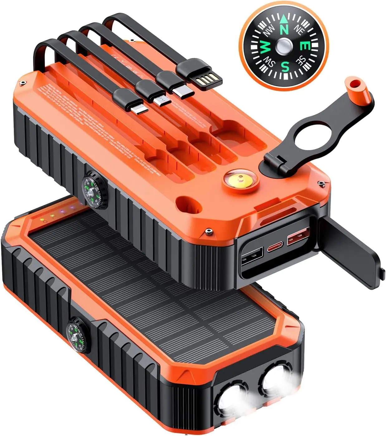 Diamuar 40000mAh Solar Power Bank - Mobile Solar Charging Battery with Hand Crank, Built-in 4 Wires, Compass, Level, PD20W Fast Charging, LED Flashlight, Outdoor Gadgets for Camping, EDC Gear On the Road